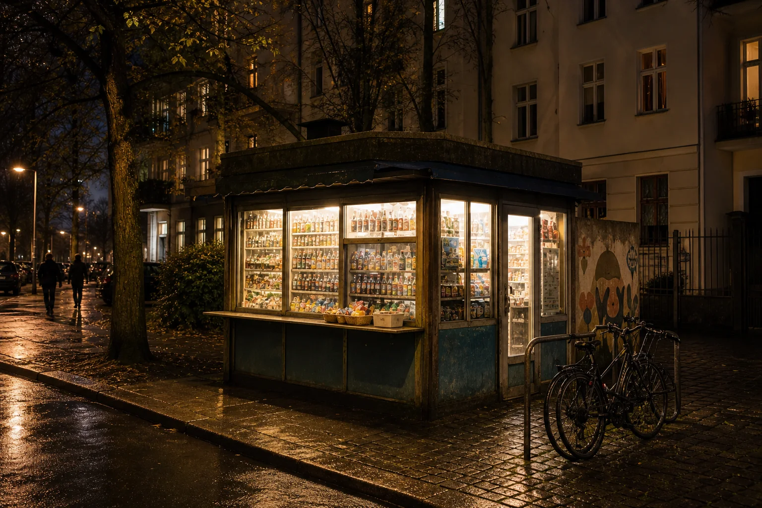 Beleuchteter Berliner Nachbarschaftskiosk bei Nacht